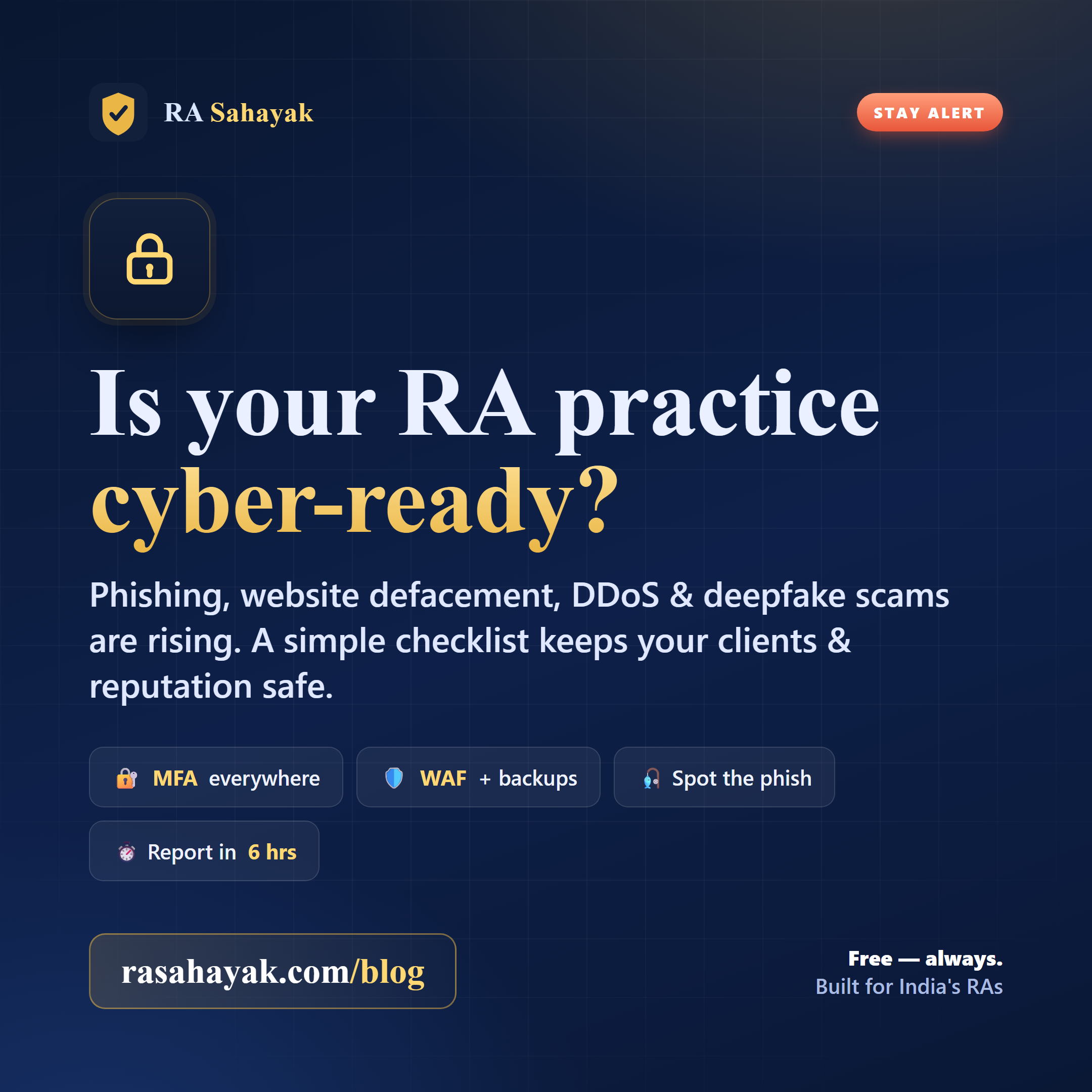 RA Sahayak — Is your Research Analyst practice cyber-ready? Phishing, website defacement, DDoS and deepfake scams are rising; use MFA, a WAF and backups, spot the phish, and report incidents within 6 hours.